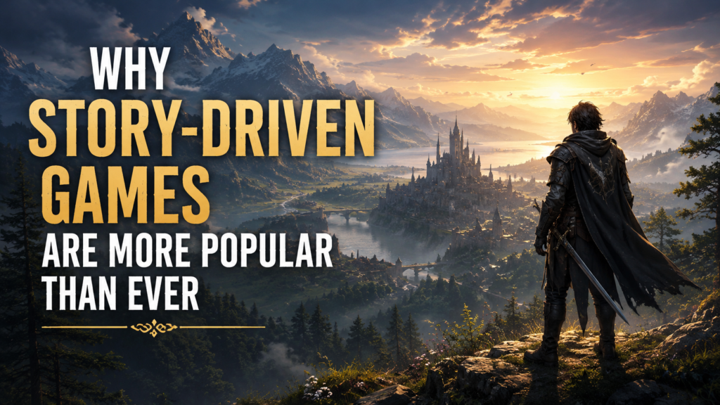 Cinematic fantasy game world representing the popularity of story-driven games