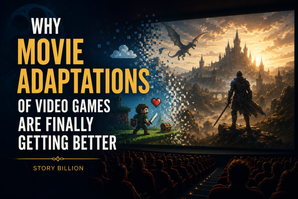 Fantasy video game world transforming into a cinematic movie adaptation